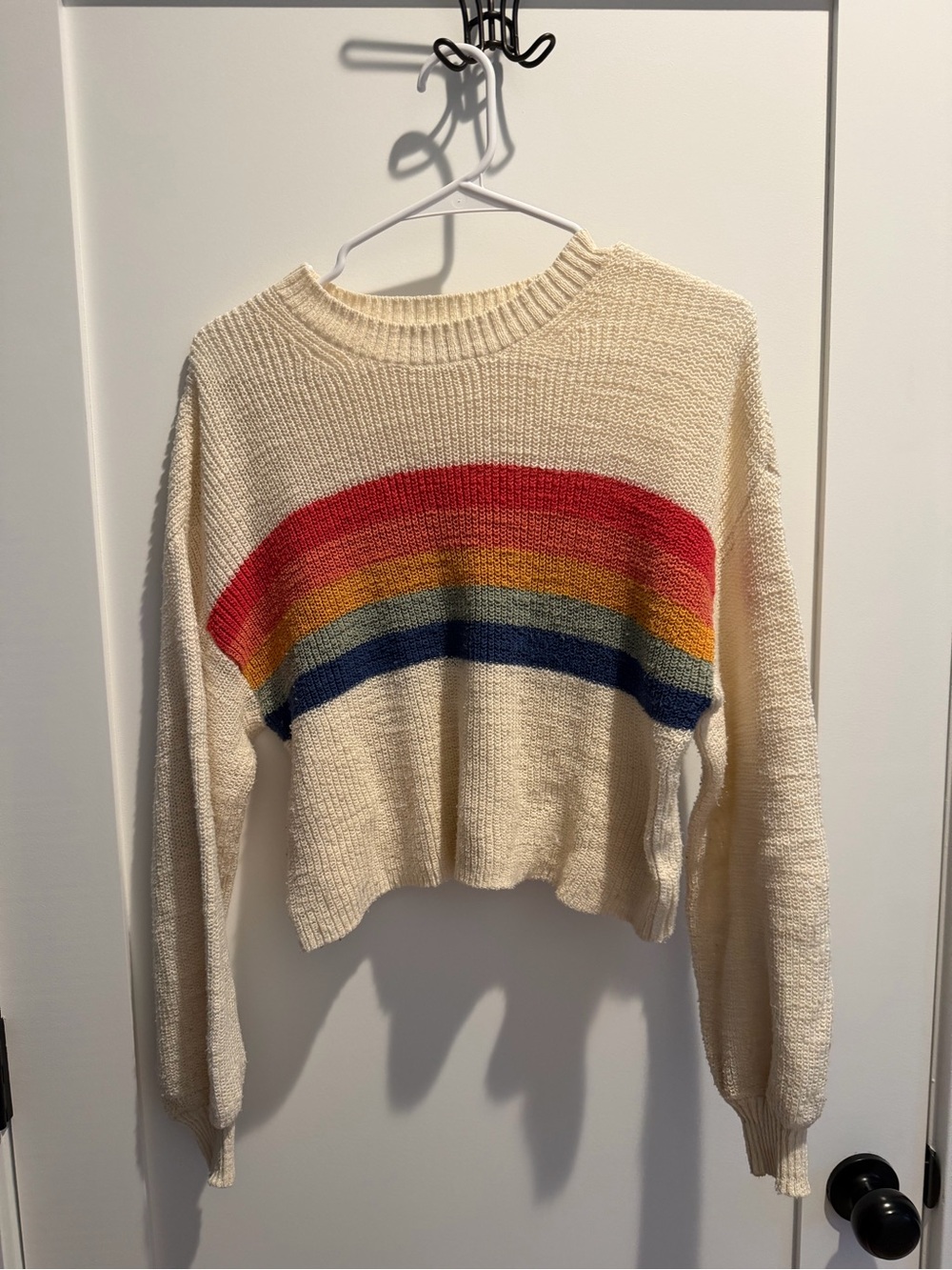 American Eagle Outfitters Cream Crewneck Sweater with Rainbow Stripes